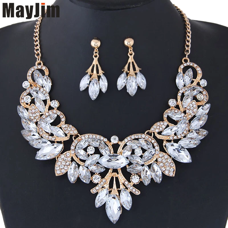 MayJim Fashion long chain Jewelry Sets Geometric Crystal Flower Necklace Earring Women Big brand Wedding Vintage | Украшения и