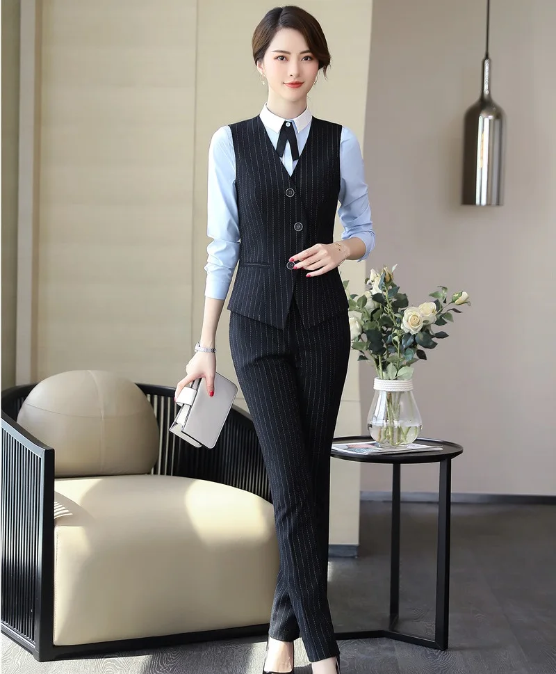 Модные деловые костюмы в полоску с топом и брюками для женщин офисная одежда