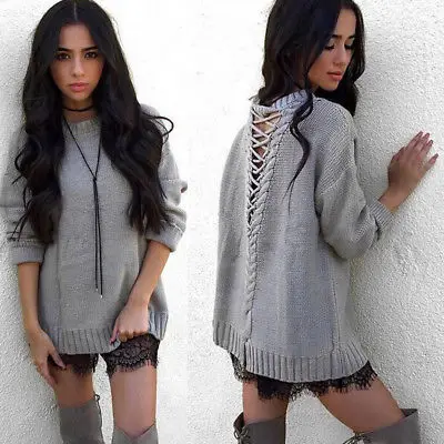 New Women Lace Up Sweaters Lady Long Loose Sleeve Cotton Casual Sweater Tops | Женская одежда