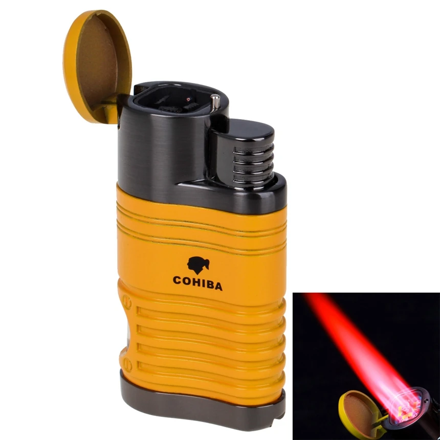 Ветрозащитная Зажигалка для сигар COHIBA многоразовая Бутановая фонарь жигалка 4 струйные зажигалки с