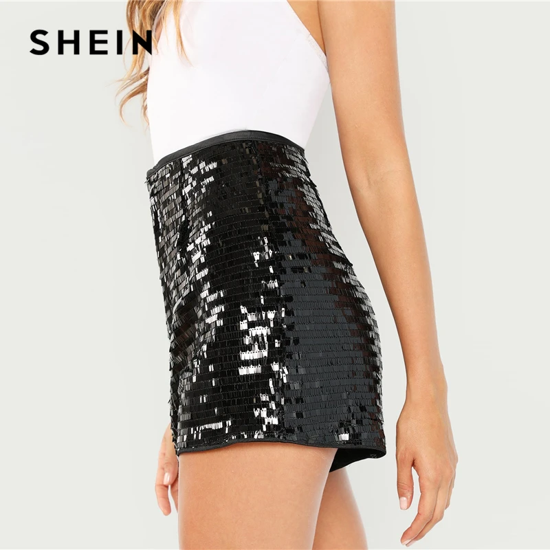 SHEIN Стильные Одноцветные Шорты С Блестками Женские Летние Черные Шорты На Молнии С Пайетками