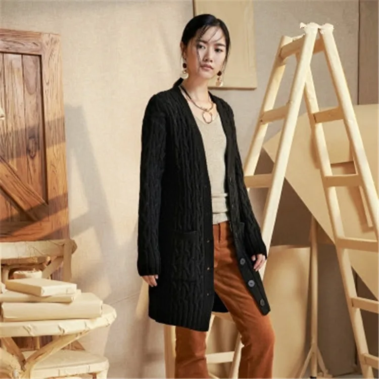 Ручная работа из чистой шерсти Vneck вязаный женский свободный h-прямой длинный кардиган, свитер один и более размер