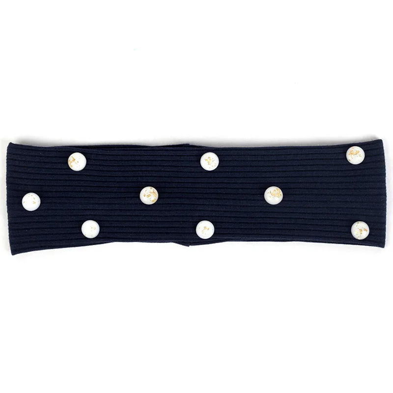 Navy White Новые модные женские ребристые повязки для волос золотые фольги круглые бусины аксессуары для девочек женские плоские эластичные повязки на голову полосатые тюрбан DZ778 - Цвет: Navy White