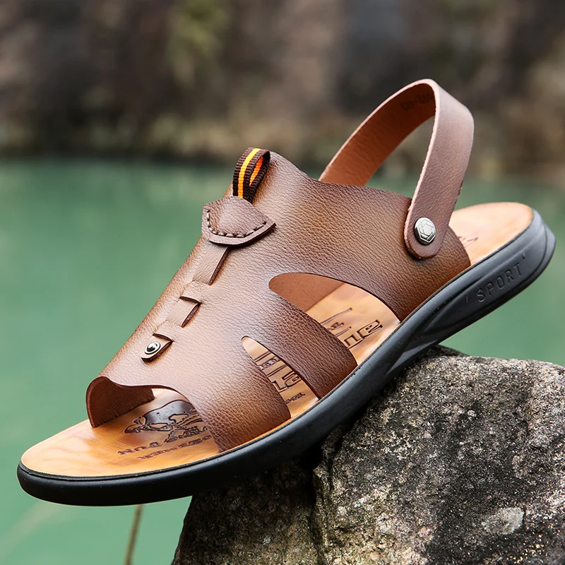 

YEINSHAARS Men Sandals Summer Men's Slippers Leather Shoes Beach Casual Breathable Slippers Men Shoes Flip-Flops Zapatos