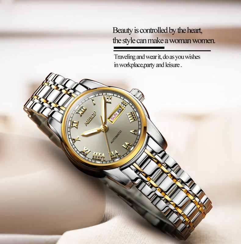 AESOP Gold luxury Watch Women Japan Movement Mechanical Automatic watch Ladies Stainless steel Golden Female Clock Women
