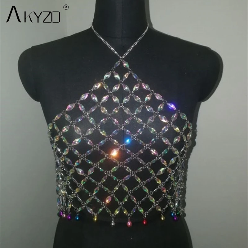 AKYZO сексуальные искусственные драгоценные камни ручной работы пэчворк Cami Top для женщин спинки вечерние с кристаллами выдалбливают кроп-топ