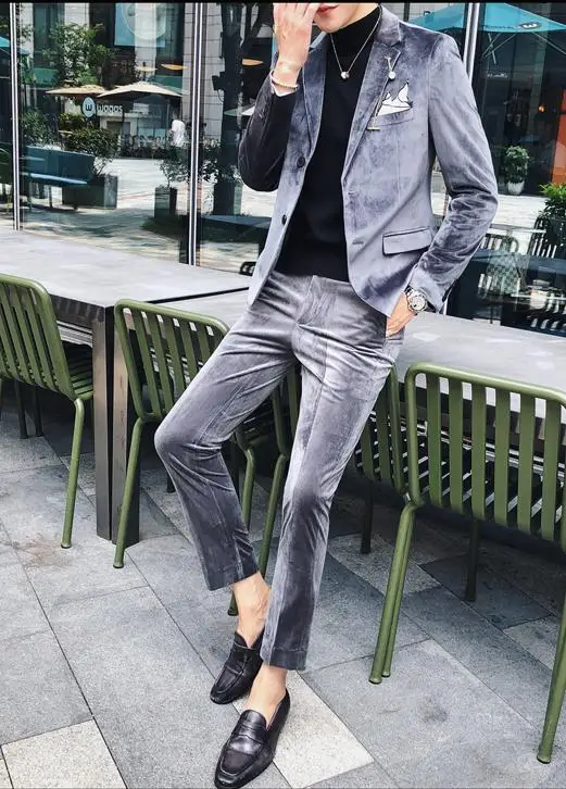 Свадебные костюмы для мужчин s Slim Fit вельвет 2 шт. Выпускной костюм британский стиль смокинг корейский Homme Mariage костюм для жениха - Цвет: Wine Red Men Suits