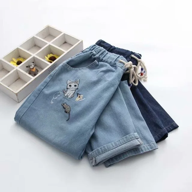 Брюки VOGUEIN женские повседневные из джинсовой ткани с карманами и вышивкой в виде