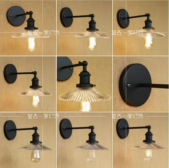 Style Loft Industrial Wall Light Vintage Glass Lampshade Edison LED Stair Lights Black Sconce Appliques Murale Lampen | Лампы и