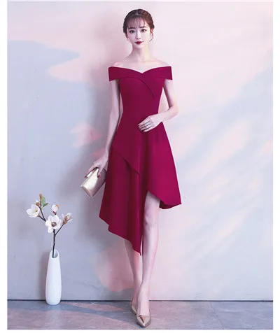 wine red Новое короткое вечернее платье сексуальный ассиметричный вырез лодочкой короткий рукав торжественный комплект Встреча выпускников/корпоративы Выпускной Дешевые вечернее платье вечерние - Цвет: wine red