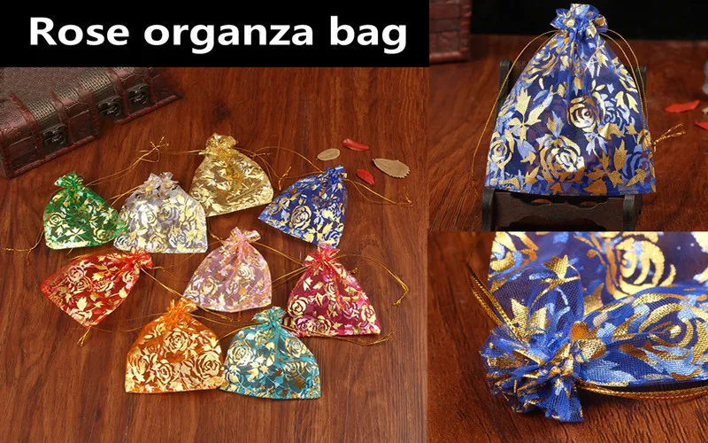 50 шт., 7x9, 9x12, 11x16, 13x18, 15x20, 20x30 см, позолоченные розы из органзы, ювелирные изделия, сумки для свадебной вечеринки, украшения, сувениры, сумки для подарков 5Z