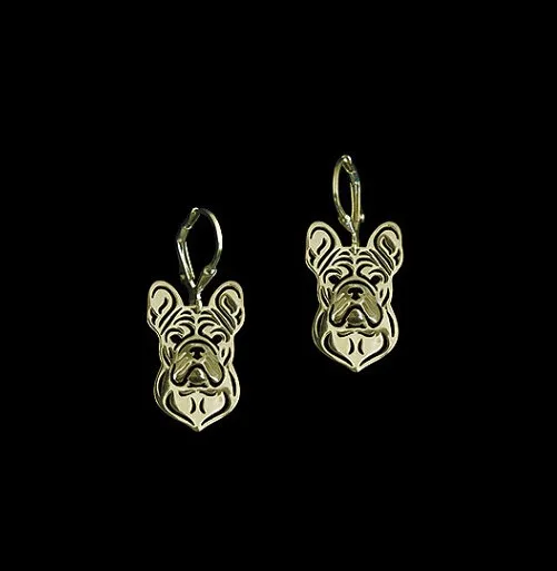 French bulldog dog earrings Handmade Carved hollow accessory jewelry golden colors plated fast delivery