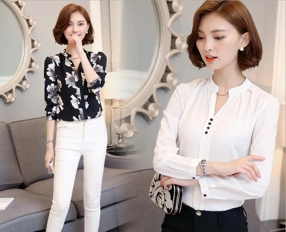 Воротник С Длинными Рукавами Шифон Тонкий Длинные Дамы V Печатных Рубашку |