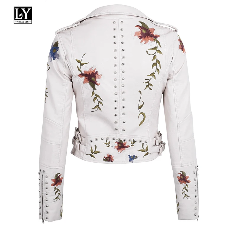 Ly Varey Lin куртка из искусственной мягкой кожи женская куртка из искусственной кожи с цветочной вышивкой мотоциклетная верхняя одежда из искусственной кожи на молнии в стиле панк