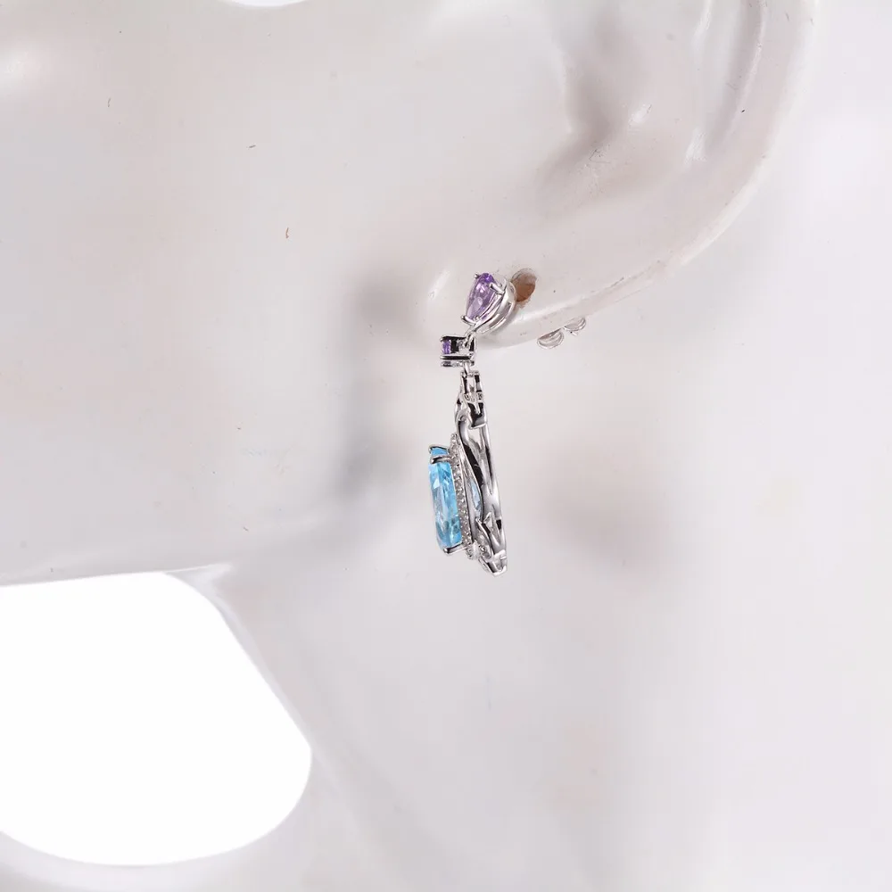 Hutang 6.78ct натуральный голубой топаз и Аметист Твердые 925 Серебряные Серьги Fine Jewelry