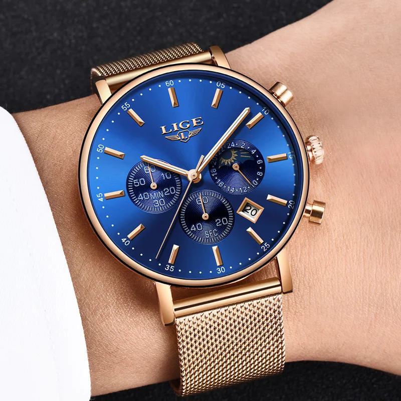 LIGE Mens Multi-Function Ultra-Thin Watches Brand Business Quartz Watch Men's All Steel Waterproof Sports Relogio+Box | Наручные часы