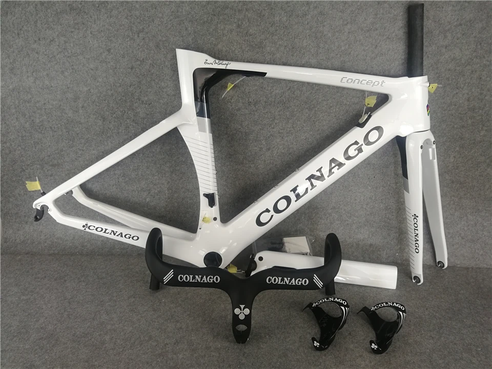 Глянцевая велосипедная Рама Colnago с белым Карбоновым покрытием+ руль Colnago серебристого цвета+ карбоновые бутылки colnago
