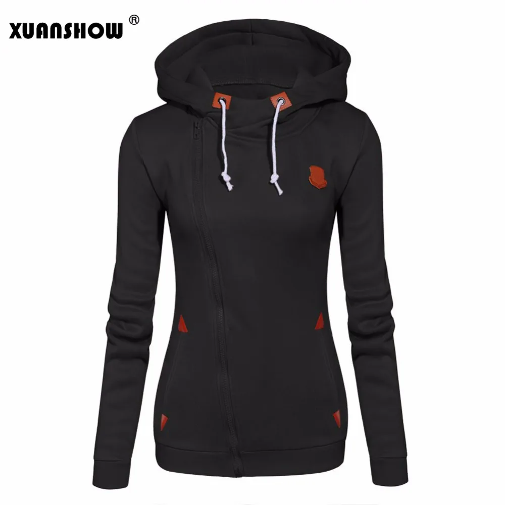 XUANSHOW, женская мода, флисовые толстовки с капюшоном, яркие цвета, одноцветная Толстовка с длинным рукавом, на молнии, одежда