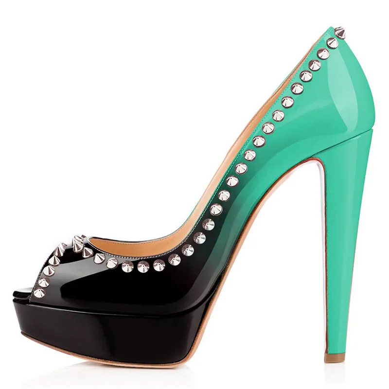 FSJ Women Fashion Yellow Black Gradient Shoes Peep Toe Platform Pumps High Heels Slip On Rivets Studded Dress Size 4-16 US | Обувь
