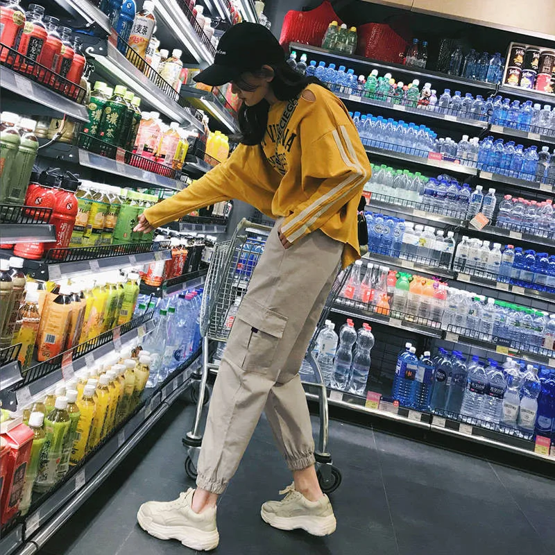 Повседневные брюки-карго женские модные свободные брюки цвета хаки с высокой