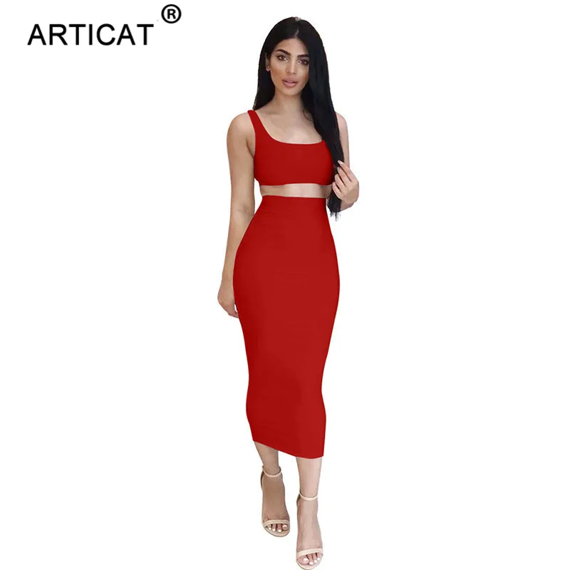 Red Женский комплект одежды из 2-х предметов Articat, короткий топ с квадратным воротником и длинное платье с высокой талией, повсед - Цвет: Red
