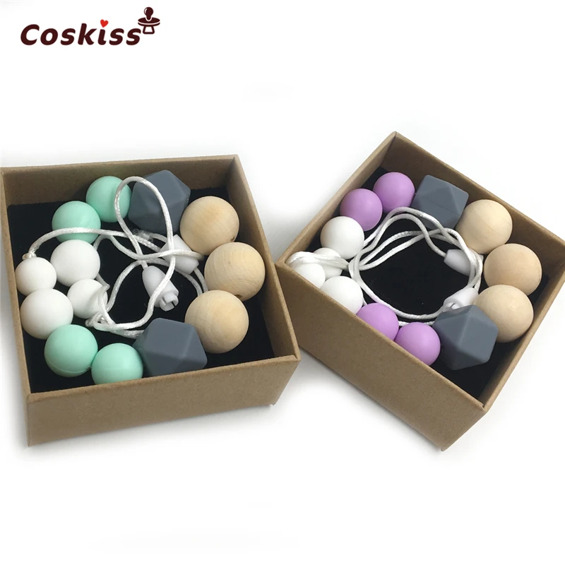 Collar de dentici&oacute;n para beb&eacute;, mordedor de silicona de grado alimenticio, cuentas de madera, seguro para la Naturaleza, collar org&aacute;nico para beb&eacute;, 2 uds.-1