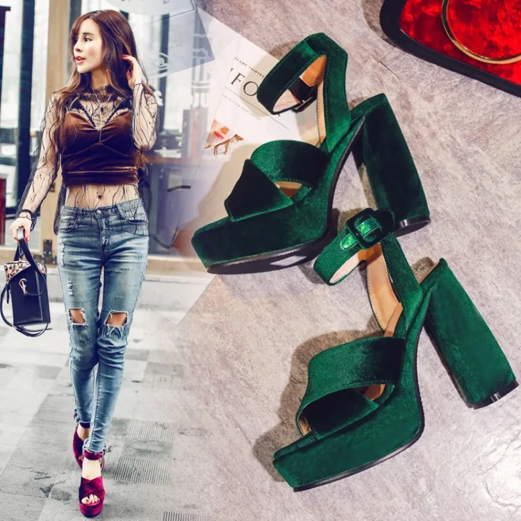 

2017 Summer Newest Super Heels High Pumps Red /Green/Blue Color Thick Sole Waterproof Peep Toe Fashion Sandals Word Buckle Women