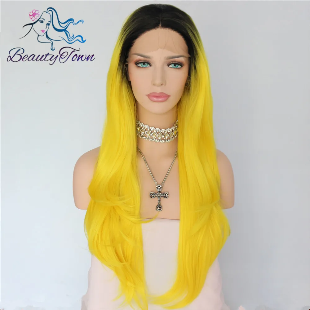 BeautyTown черный Омбре желтый термостойкий парик для косплея Masquera вечерние синтетический парик на кружеве для женщин свадебный подарок - Цвет: Омбре