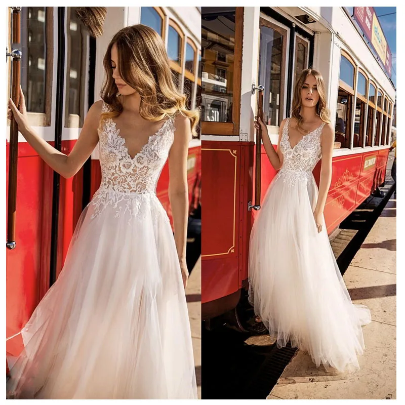 

Smileven Lace Wedding Dresses Vestidos de novia 2021 Simple V NECK Bridal Dress O-Neck Sexy Romantic Floor Length Wedding Gowns