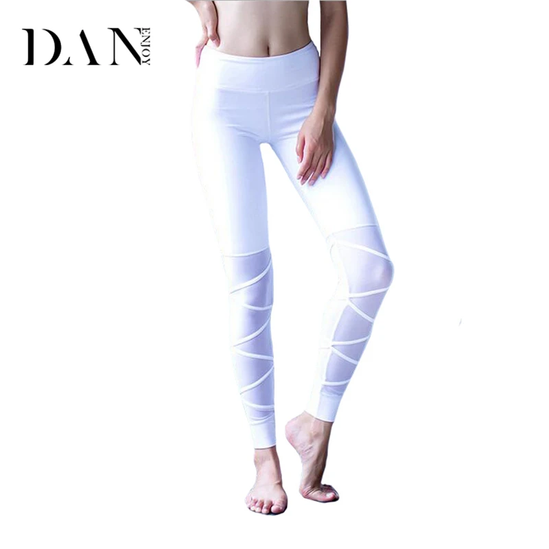 DANENJOY White Cross Fitness Athletic Leggings Black Strappy Mesh Patchwork Yoga Pants Sport Legging Nylon Dance Tights Workout | Спорт и