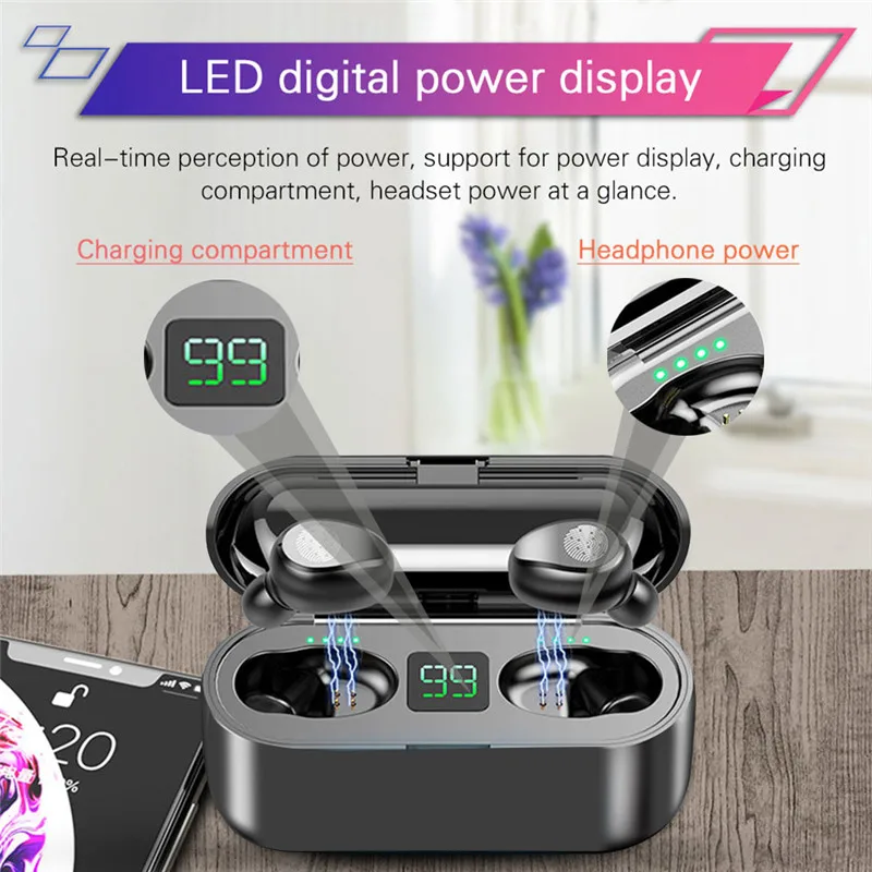 Беспроводные наушники F9 TWS Smart Touch, Bluetooth наушники 5,0, беспроводные наушники 8D, стерео гарнитура с зарядным устройством 2000 мАч