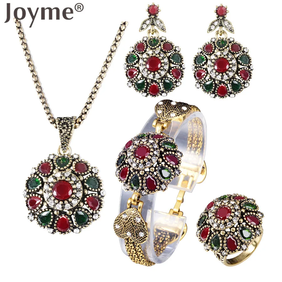 

Vintage Rhinestone Bridal Necklace Sets Earrings For Women Jewelry Set Bohemian Rings Wedding Turkish Nigerian Red Jewellery