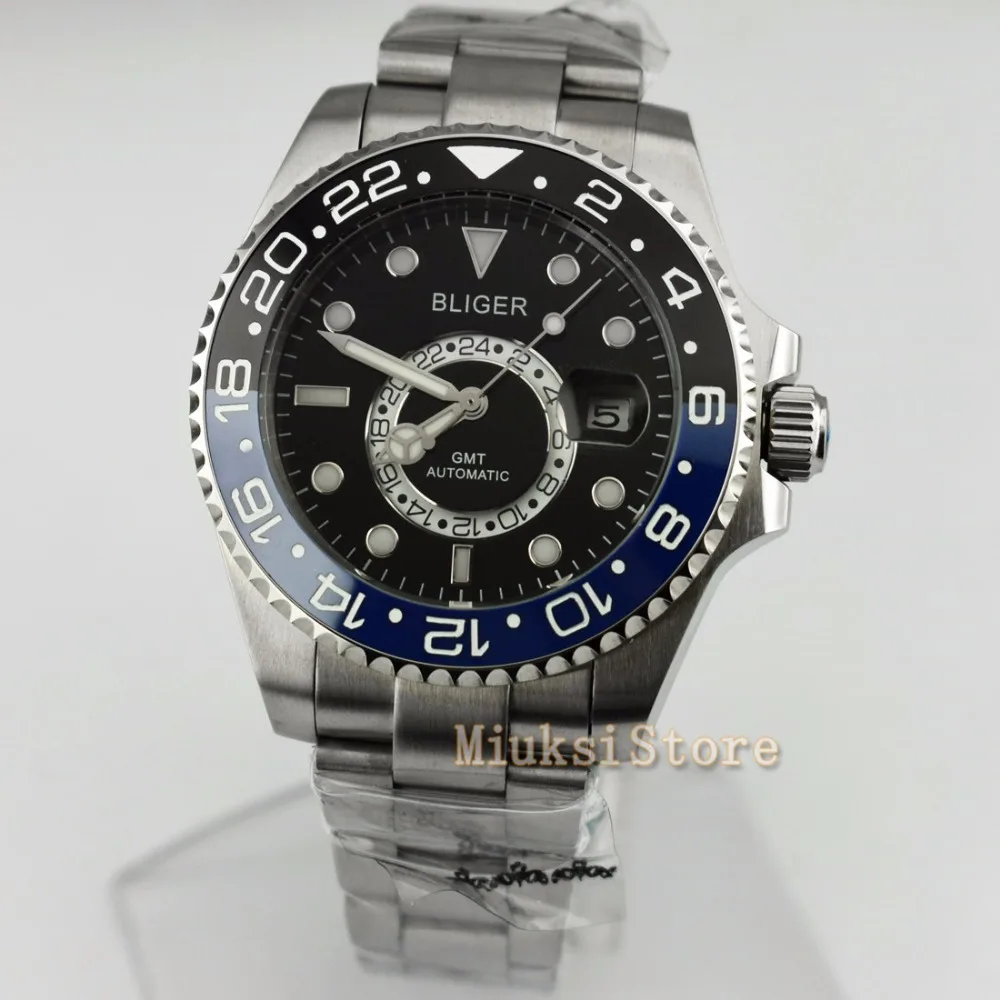 43 мм черный циферблат керамический ободок светящийся GMT Дата автоматические