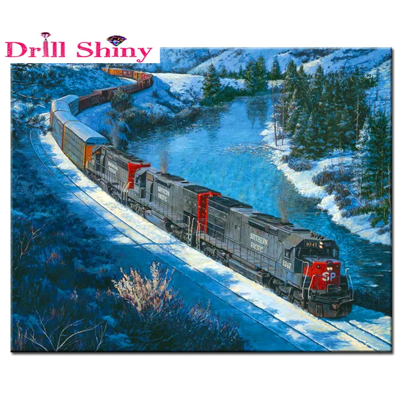 5D Бриллиантовая вышивка Зимний пейзаж Diy Мозаичные картины Декор для гостиной Картина в технике крестика с узором поезда.