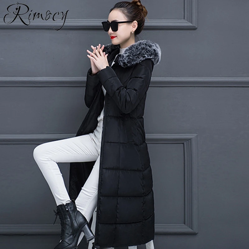 Rimocy 2019 Новинка зимы Длинные парки Женская мода меховой воротник пальто для