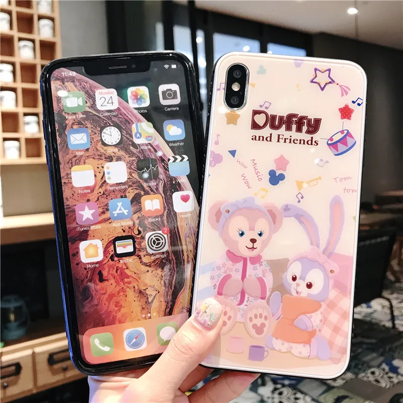 Милый медведь и кролик закаленное стекло чехол для iPhone 6 6splus 7 8 plus X Xs XR Max маленькое