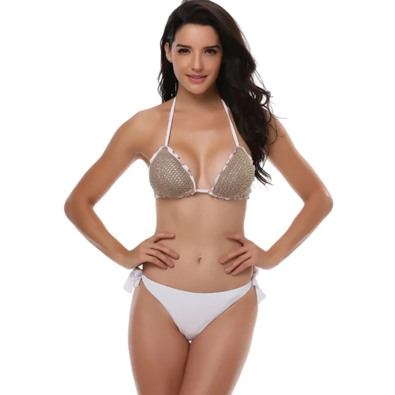 

Women Sexy Lace Up Bikini Set Swimwear Knitted Bikini Set Low Waist Swimsuit Solid Bottom Bathing Suit