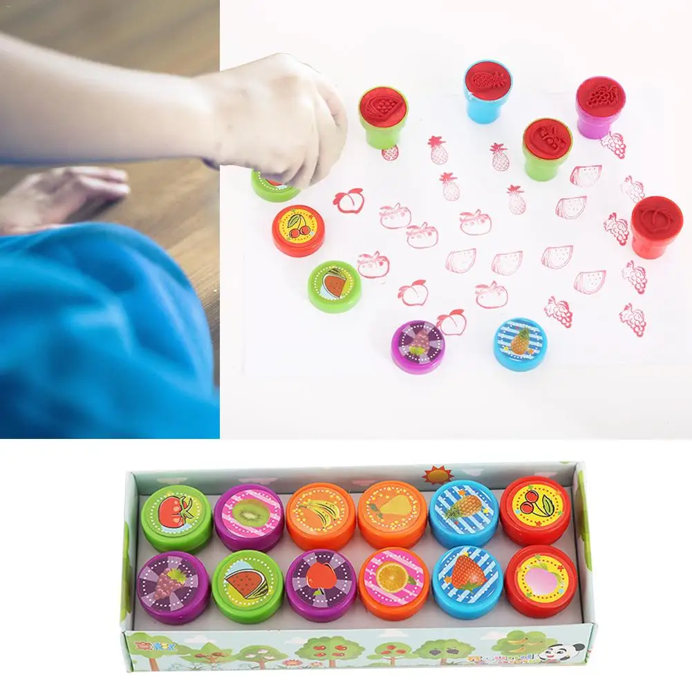 12pcs/lot New Arrival Children Stamps Toy Environmentally Friendly Painting Ink pad Toy Scrapbooking Cartoon Seal Stamps Toys