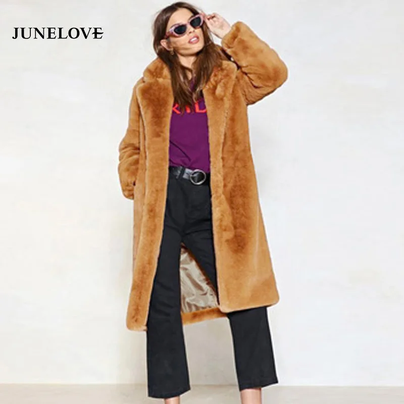 Женское пальто из искусственного меха JuneLove зима 2019 длинное модная Женская
