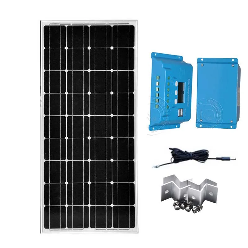 Solar Panel Kit 12v 100W BatterieSolar Charge Controller 12v/24v 10A PV Cable Connector Z Bracket Caravan Car Camp Motorhome | Электроника - Фото №1