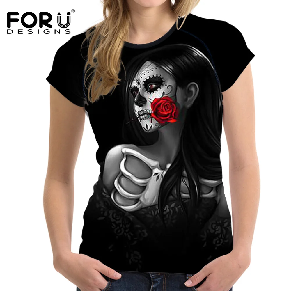 

FORUDESIGNS Skull Printing T Shirt Women Punk Style Tee Shirt Femme for Ladies Females Cool Black Tops Fashion Streetwear Couple