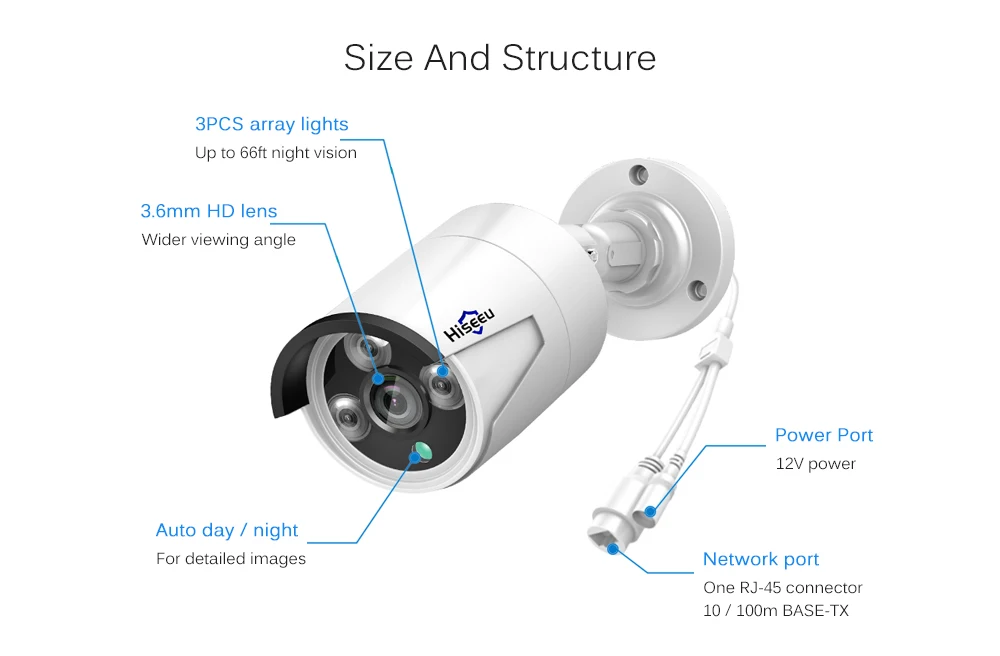 Hiseeu 1080P 3,6 мм POE IP камера Onvif H.265 аудио запись камера 2.0MP IP66 Водонепроницаемая наружная Домашняя безопасность видеонаблюдение