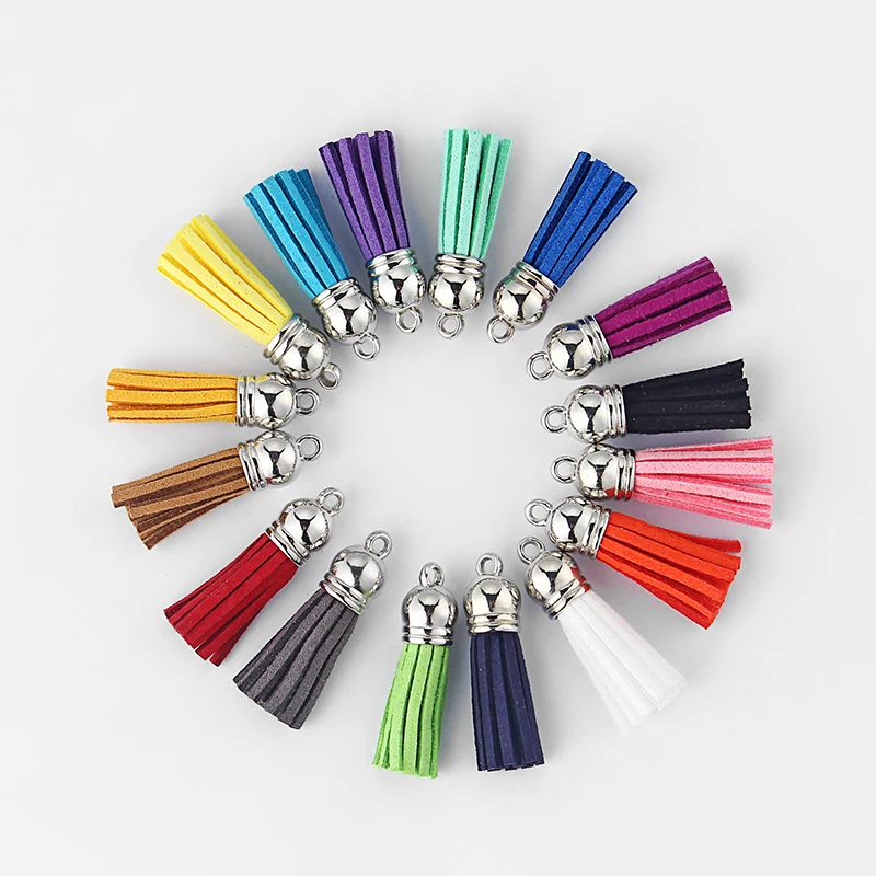 

50pcs Plastic Cap kroea Suede Leather Tassel Bagpack/Earring/Key Ring Jewelry Pendant Making Accessories