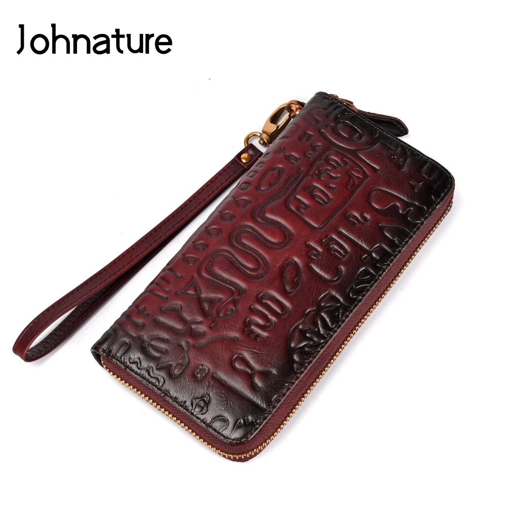 

Женский винтажный клатч на молнии Johnature, длинный бумажник из натуральной кожи с Цветочным Тиснением, сумочка-клатч, кошельки, 2021