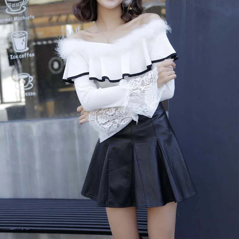 

Women's Clothing Ruffles hairy Slash Neck strapless long Lace Flare Sleeve Blouses Autumn Winter Vintage Chic New hipster Shirts