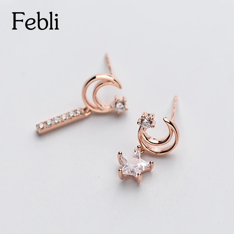 Febli S925 серебро асимметрия Moon звезды серьги фианит розовое золото цвет