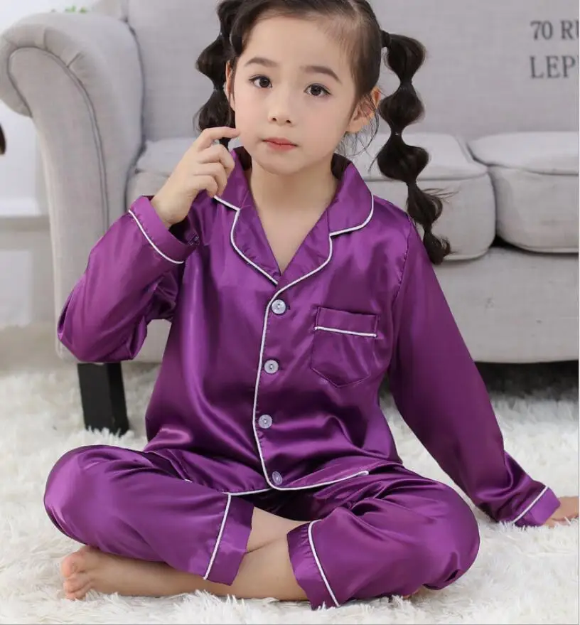 Purple long sleeve Пижамный комплект из шелковой ткани для мальчиков и девочек от 3 до 15 лет коллекция года, Весенняя Детская домашняя одежда ночное белье комплект одежды для девочек - Цвет: Purple long sleeve