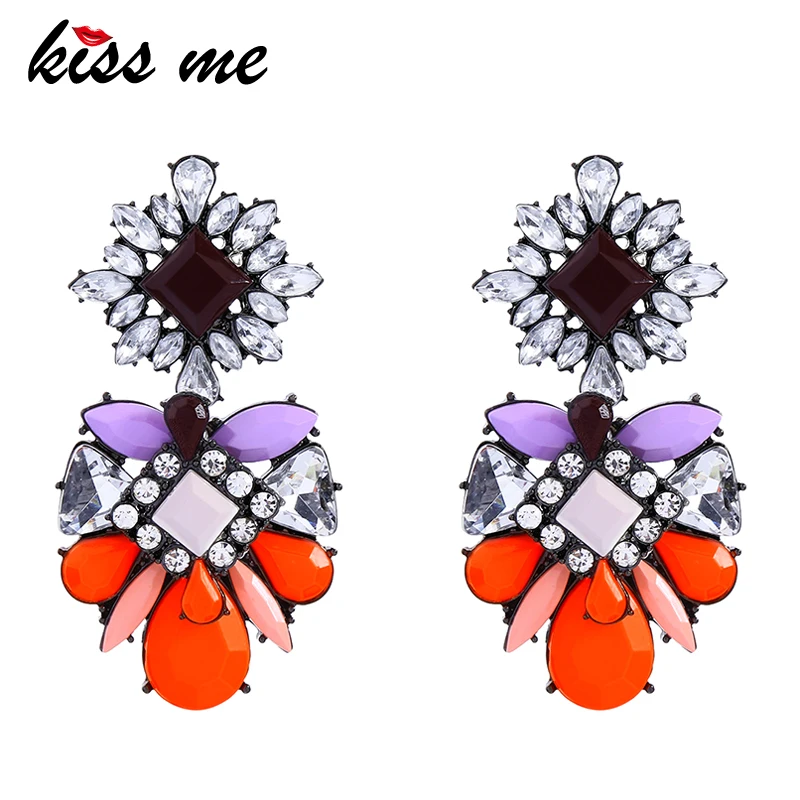 

KISS ME Women Bib Statement Earrings Orange Green Acrylic Resin Crystal Flower Big Drop Earrings Fashion Jewelry 2018