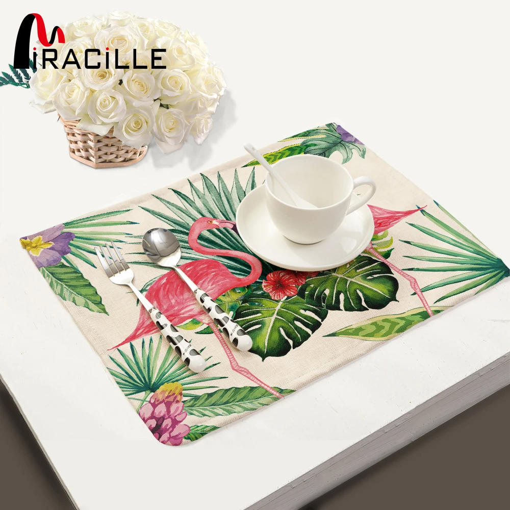 Miracille 2/4/6pieces Set Linen Tropical Flamingo Pattern Placemat Home Decorative Table mat kitchen table mats Napkin | Дом и сад