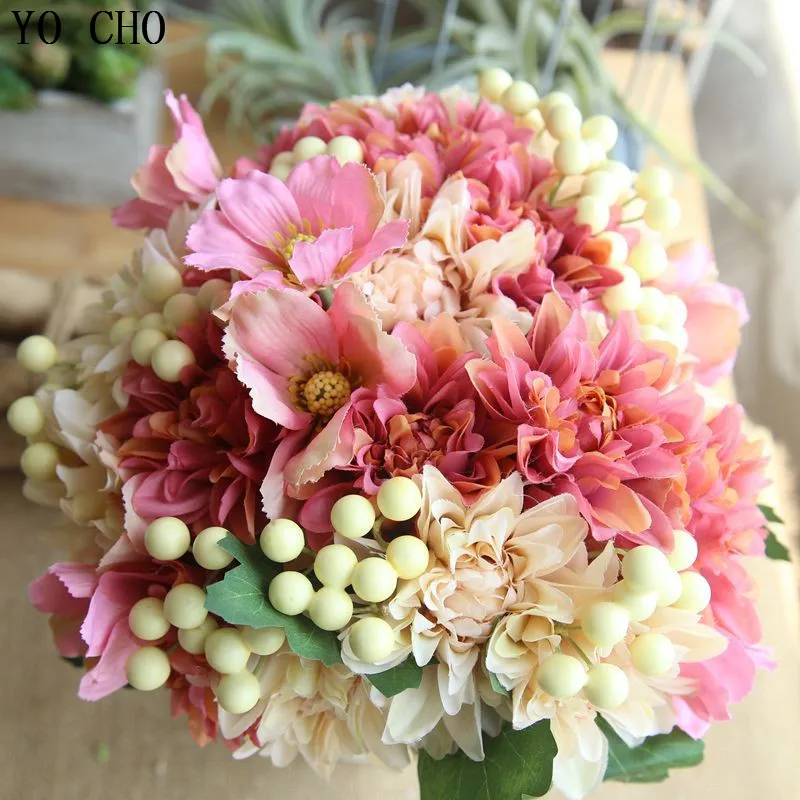 

YO CHO Artificial Flowers Real Touch High Quality Dahlia Coreopsis Berry Bouquet Flower For Wedding Garden Home Festival Decor